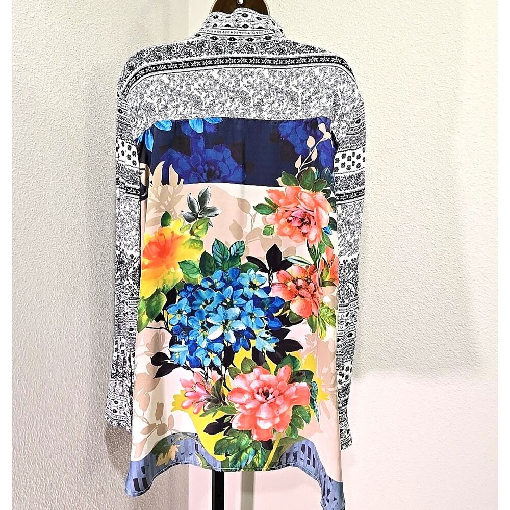 Vincente Button Top Womens Lg Floral Artsy Boho Patchwork Teacher Office Career